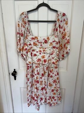 ARULA White Midi Dress with Red & Orange Floral Print
